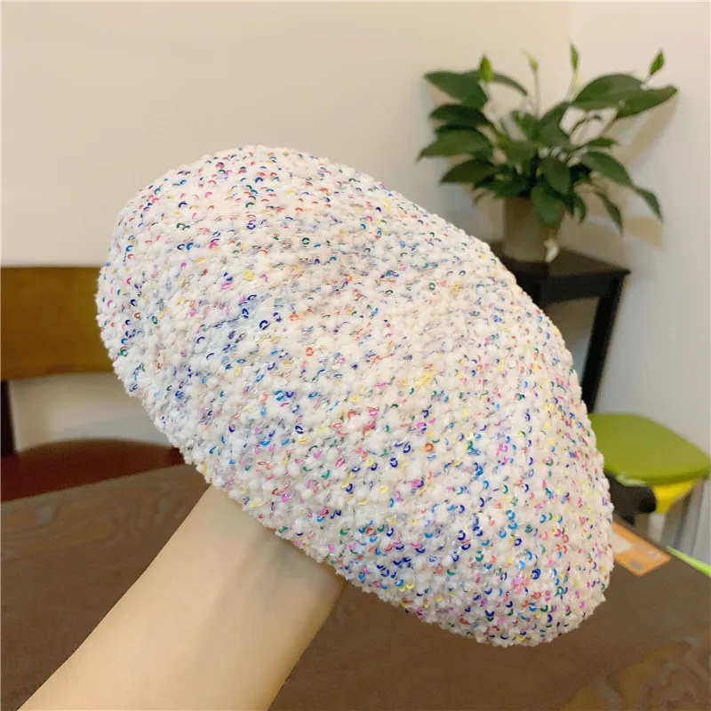 

2020 New Winter Women Fashion Sequin Painter Bling Beret Hat Stage Performance Cap Adjustable Knitted Beanies Octagonal Hat