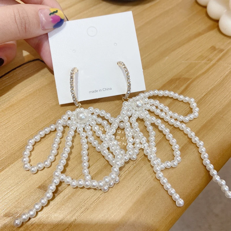 

MENGJIQIAO New Exaggerated Elegant Pearl Beads Bowknot Drop Earrings For Women Fashion Brincos Party Jewelry Ear Accessories