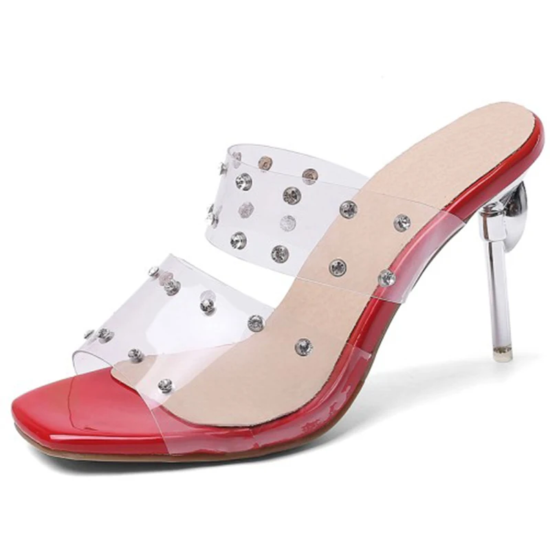 Billig REAVE KATZE 2020 Weibliche Hausschuhe Offene Spitze 9cm Dünne High Heels Transparent Strass Nieten Große Größe 30-48 Freizeit Datum A3021