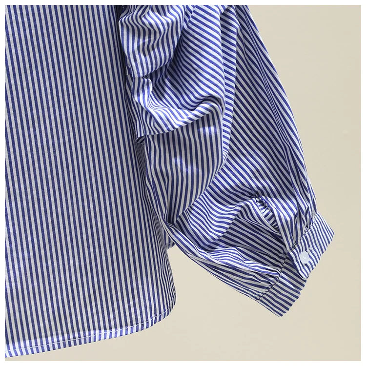 

2021 Spring Fall Women Doll Collar Striped Shirt New Fashion Loose Casual Puff Sleeve Ladies Blusas Cotton Linen Long Sleeve Top