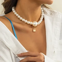 fashion lock statement big pearl choker necklace for women personality double layers new collares