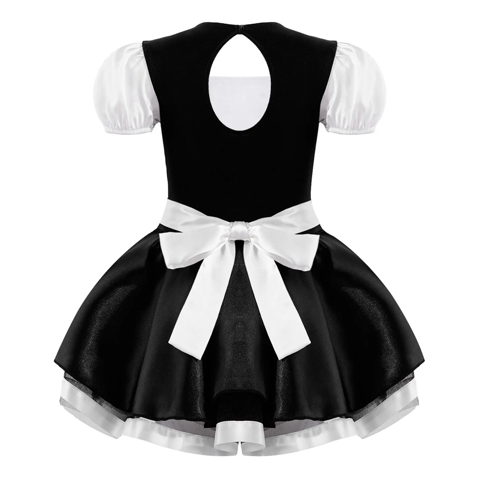 Children Kids Girls Maid Costume Cosplay Party Performance Dress Outfits Short Sleeves Mesh Tutu Dress Leotard With Apron Set