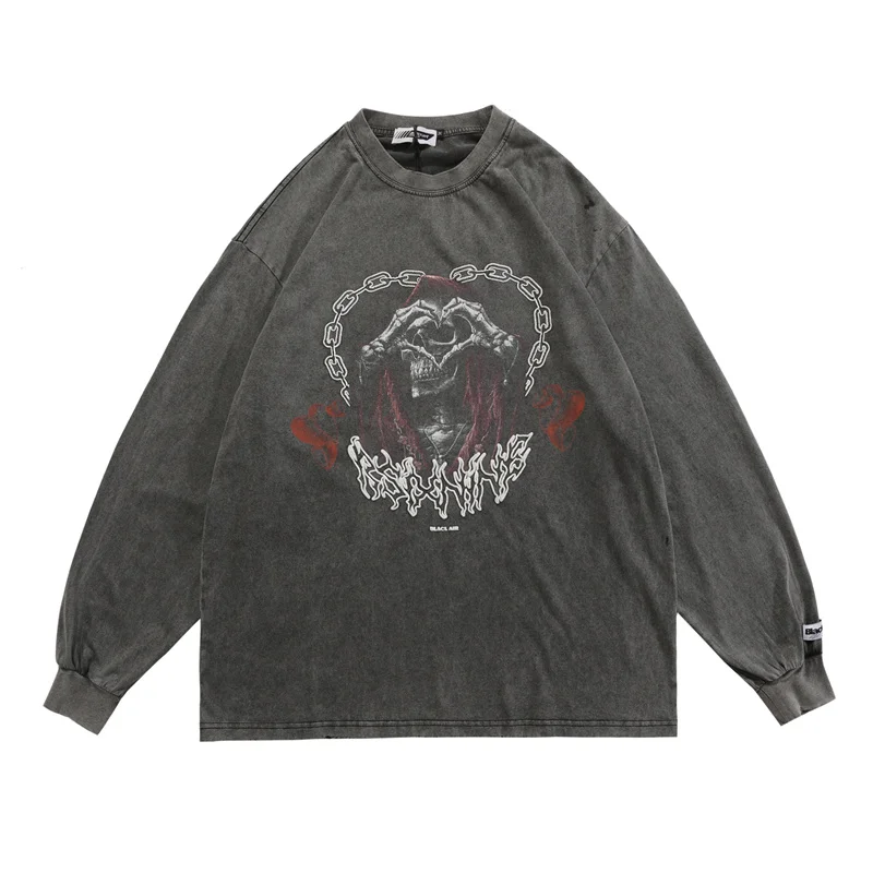 

100%Cotton Vintage Couple Washed Tops StreetwearMens Dark Style Print T shirts Male O-neck Long Sleeve T-shirt Unisex Oversized