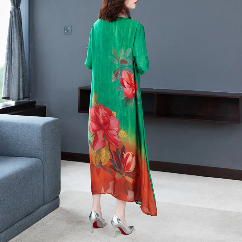 

Summer Vintage M-4XL Plus Size Tencel Dress 2021 Loose Casual Print Mulberry Silk Maxi Dress Women Elegant Party Vestidos