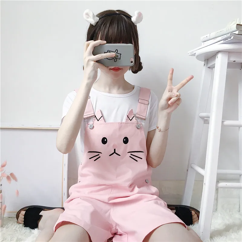 Летние новые женские шорты на подтяжках милые с вышивкой в виде кота Свободные