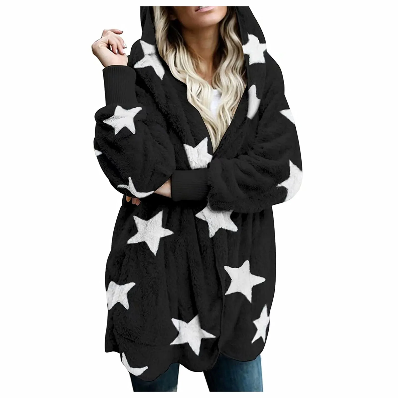 

Women's Casual Stars Printed Jackets Fashion Pockets Oversized Faux Fur-fuzzy Hooded Outerwear Coat Long Sleeve Loose Jacket Top