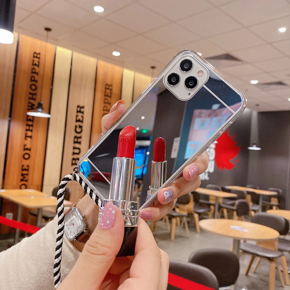 luxury mirror phone case for oppo realme x k3 reno 2 2z 2f 3 4 lite pro z soft tpu back cover with lanyard capa free global shipping