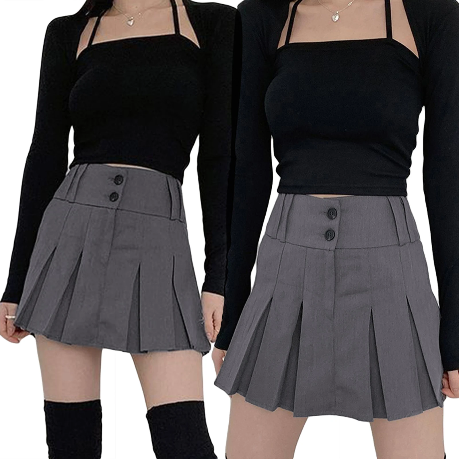 

Women's Pleated Mini Skirt, Fashion High Waist Solid Color Button A-Line Short Skirt