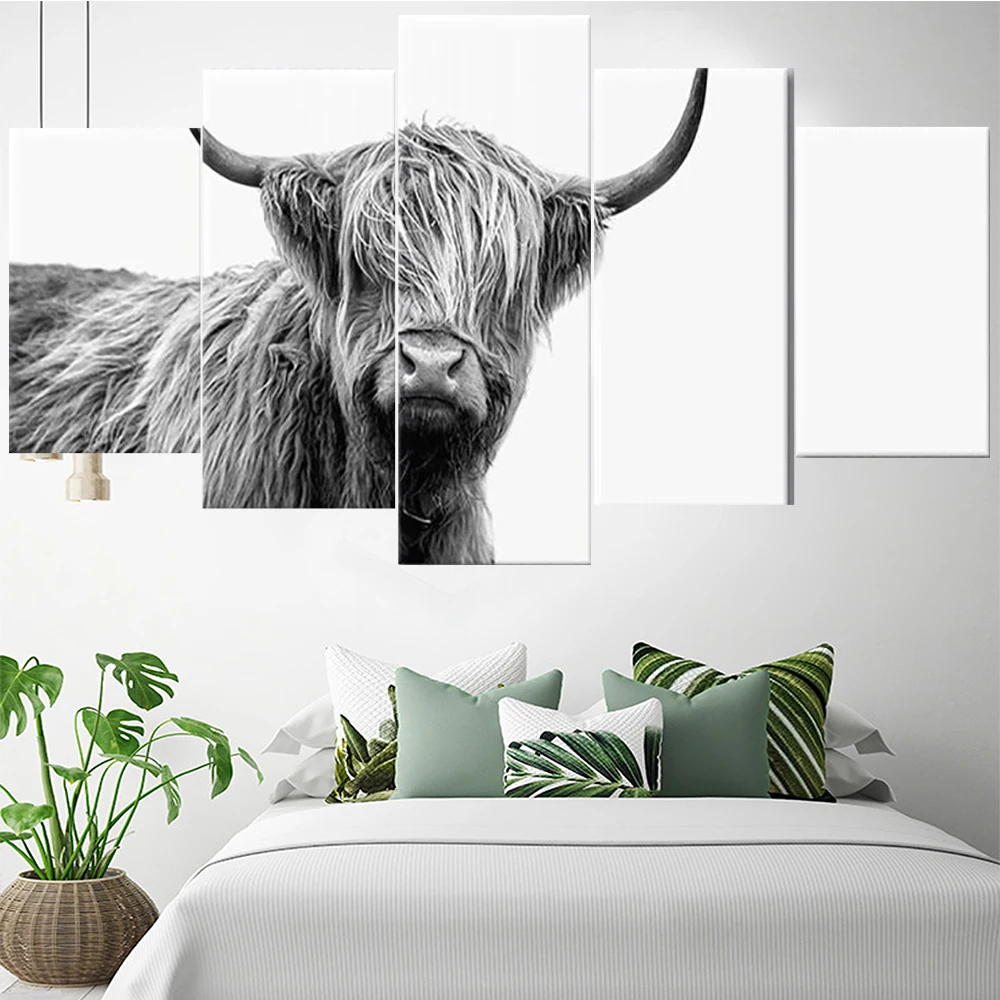 

5 Pieces Wall Art Canvas Painting Animal Poster Gray Cow Modern Living Room Bedroom Home Decoration Modular Framework Pictures