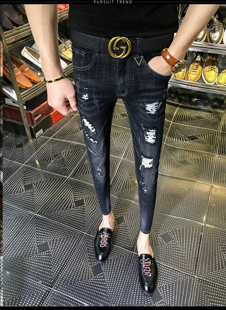 NEW spring autumn skinny strech Casual ripped hole fashion black teenagers hip hop cowboy denim leg jeans men pencil pants