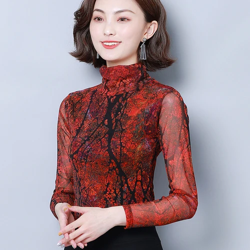 2020 Spring Autumn Elastic Fine Printing Woman Shirt High Collar Long Sleeve Xxxl Female Fashion Temperament Bottoming Shirts |