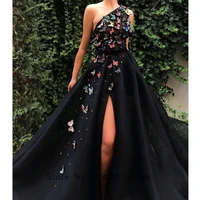 black tulle evening dresses prom with belt high slit one shoulder butterfly decoration vestidos de fiesta robe de soiree