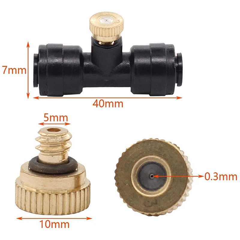 

1/4 Inch Misting Nozzles Kit Brass Mister Nozzles 0.m 10/24 UNC with Tees and Plug for Patio Outdoor Cooling System