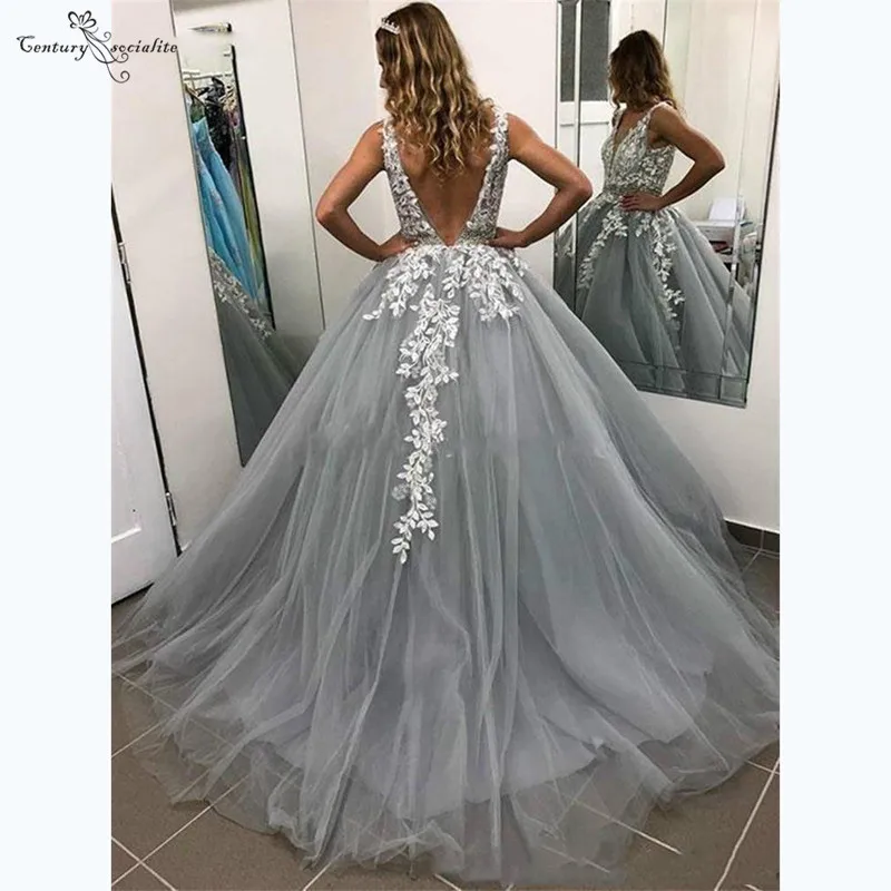 Gray Long Prom Dresses Lace Appliques Pearls V-Neck Backless Sweep Train Evening Dress Formal Party Gowns Robe De Soiree 2020 | Свадьбы и