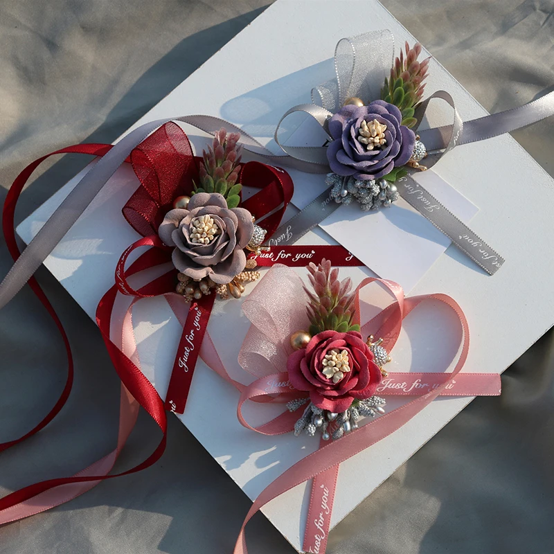 

Ribbon Bridesmaid Wrist Flowers Bracelet Wedding Party Corsage Fabric Hand Flowers Ribbon Rose Flowers Bow Bridel Gifts