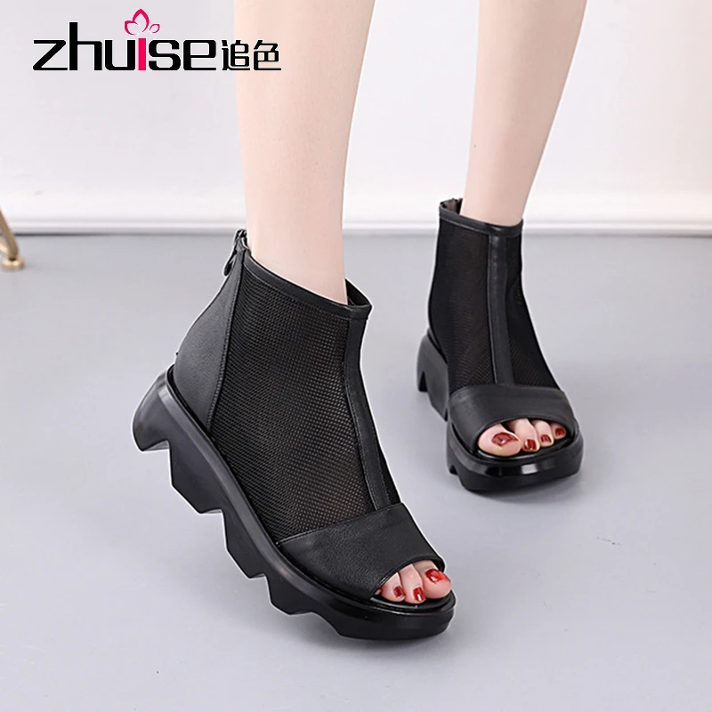 2020 летние женские кожаные сандалии с сеткой на толстой подошве новые открытым