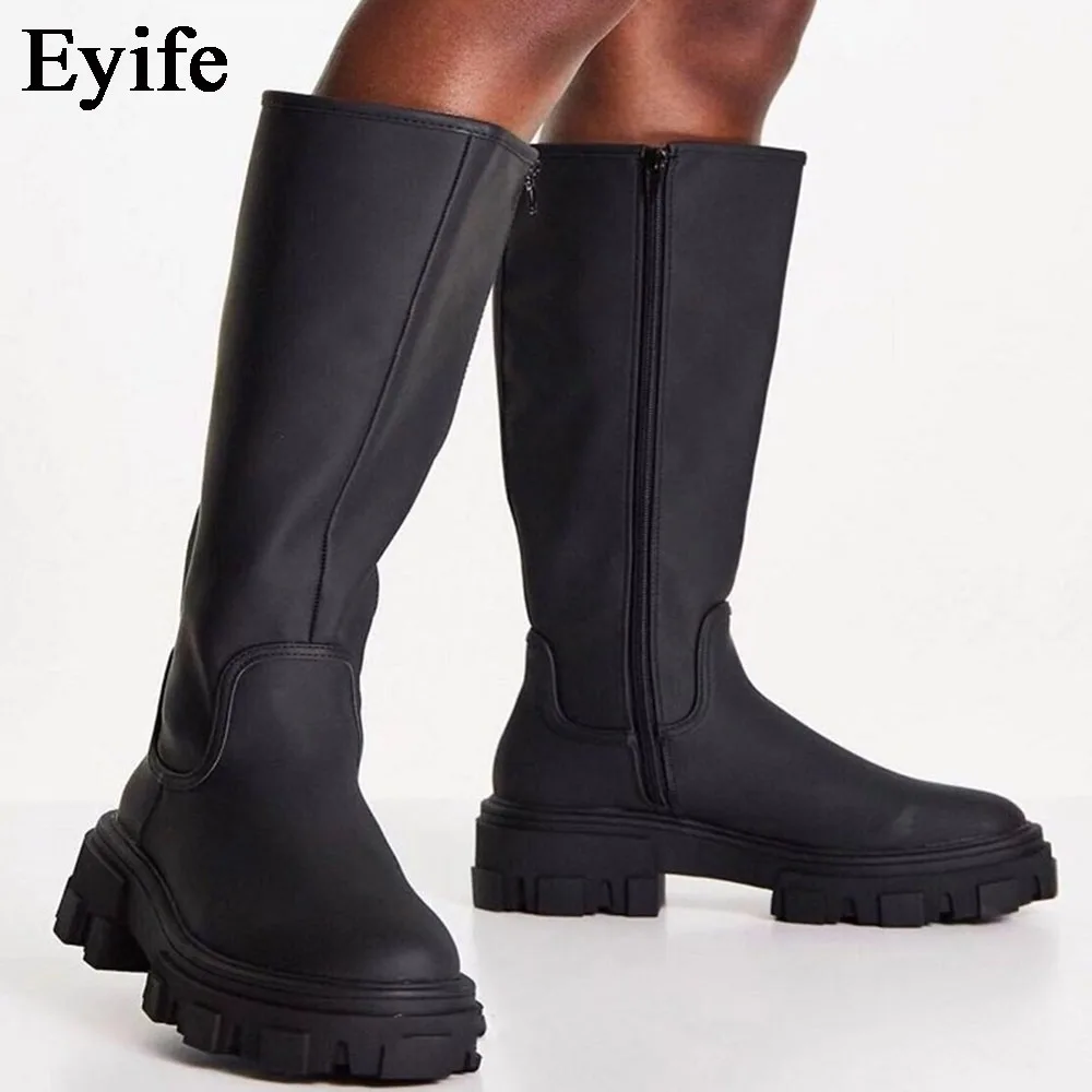 

Women's Knight Boots 2021 Autumn Winter New Solid Round Toe Slip On Warm Shoes 43 Big Size Female Mid Calf Long Boots
