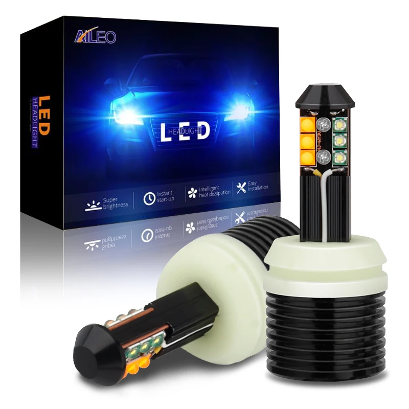 

AILEO двухцветные 1156 7506 BA15S P21W светодиодные Canbus указатели поворота безошибочные DRL 8SMD 12 В 3000лм 48 Вт белый + желтый