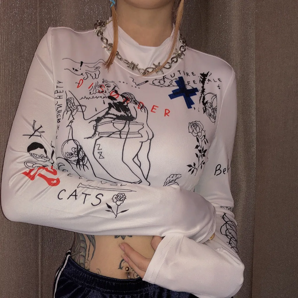 Харадзюку женская футболка с длинным рукавом и o-образным вырезом сексуальное