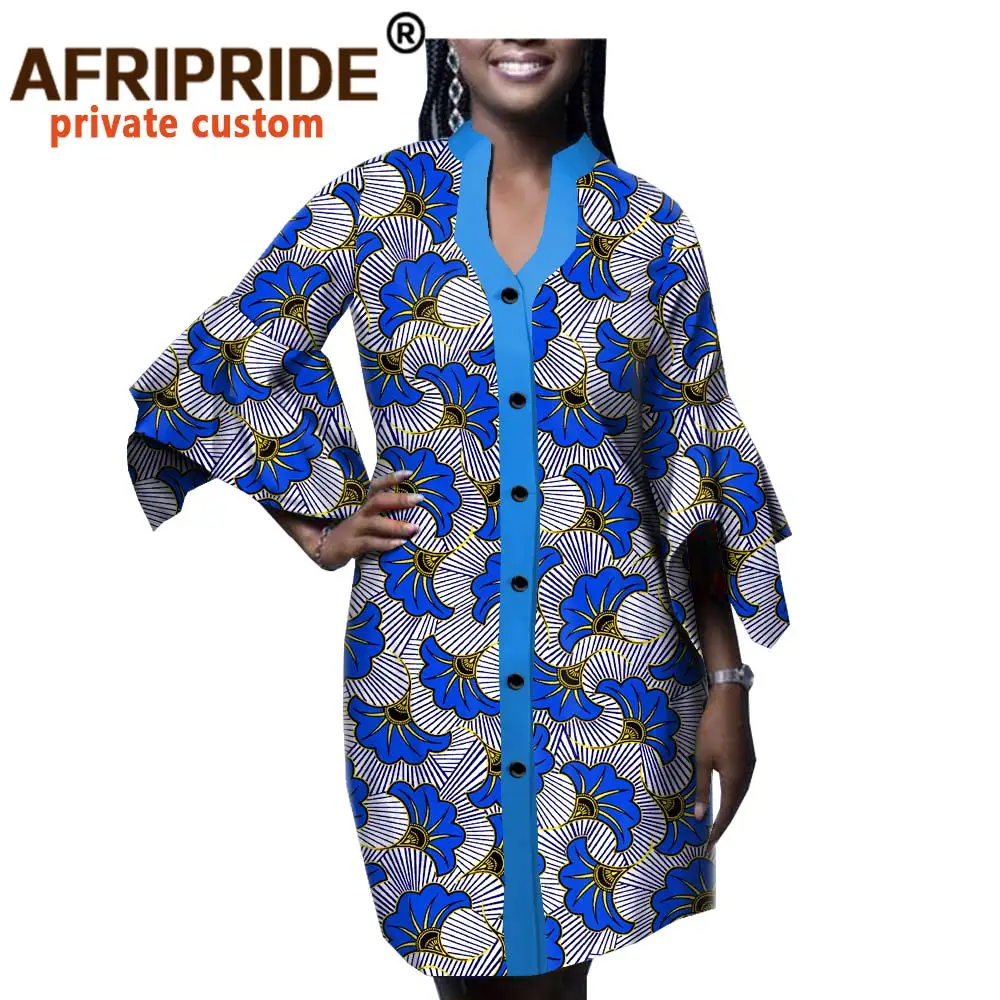 

african dashiki cotton women shirt dress AFRIPRIDE three quarter flare sleeves single breasted women casual dress A1825097