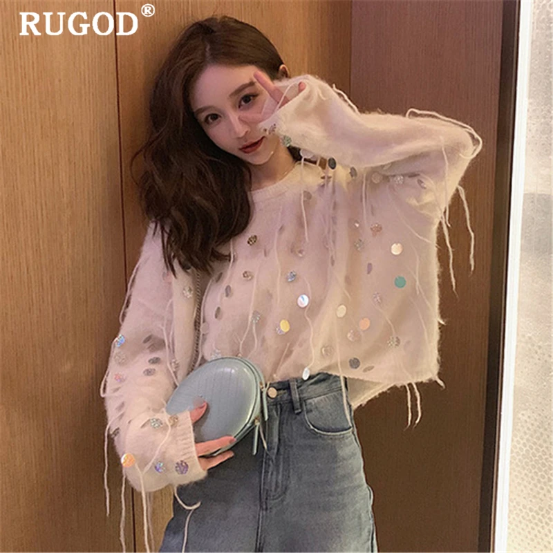 RUGOD элегантный блесток tassle вязаный женский свитер корейский шик Круглый Вырез