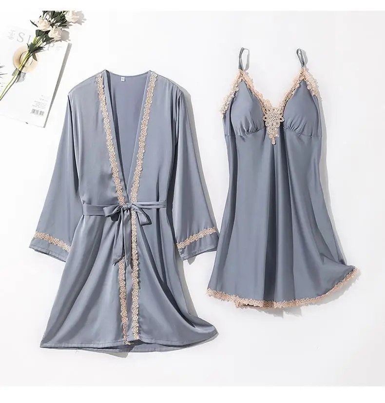 

2PCS Robe Set Satin Nightwear With Pads Faux Silk Sleepwear 2021 Summer New Women Kimono Bathrobe Gown Intimate Lingerie