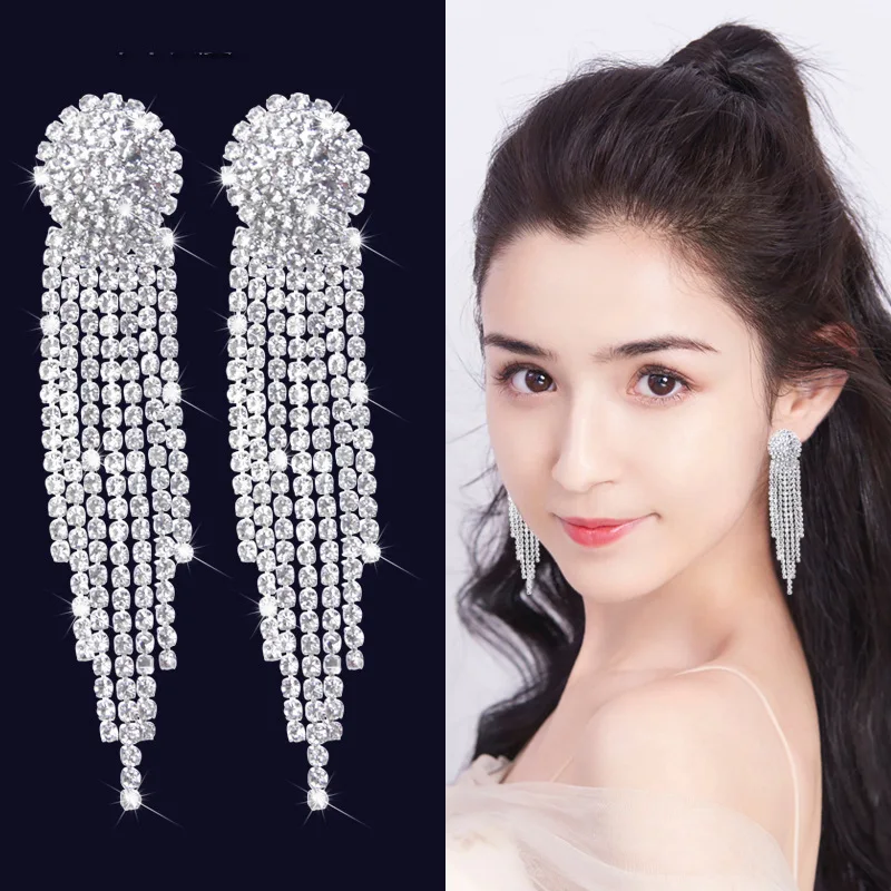 

TREAZY New Rhinestone Crystal Tassel Long Earrings Sparkly Silver Color Dangle Earrings For Women Wedding Party Jewelry Gifts
