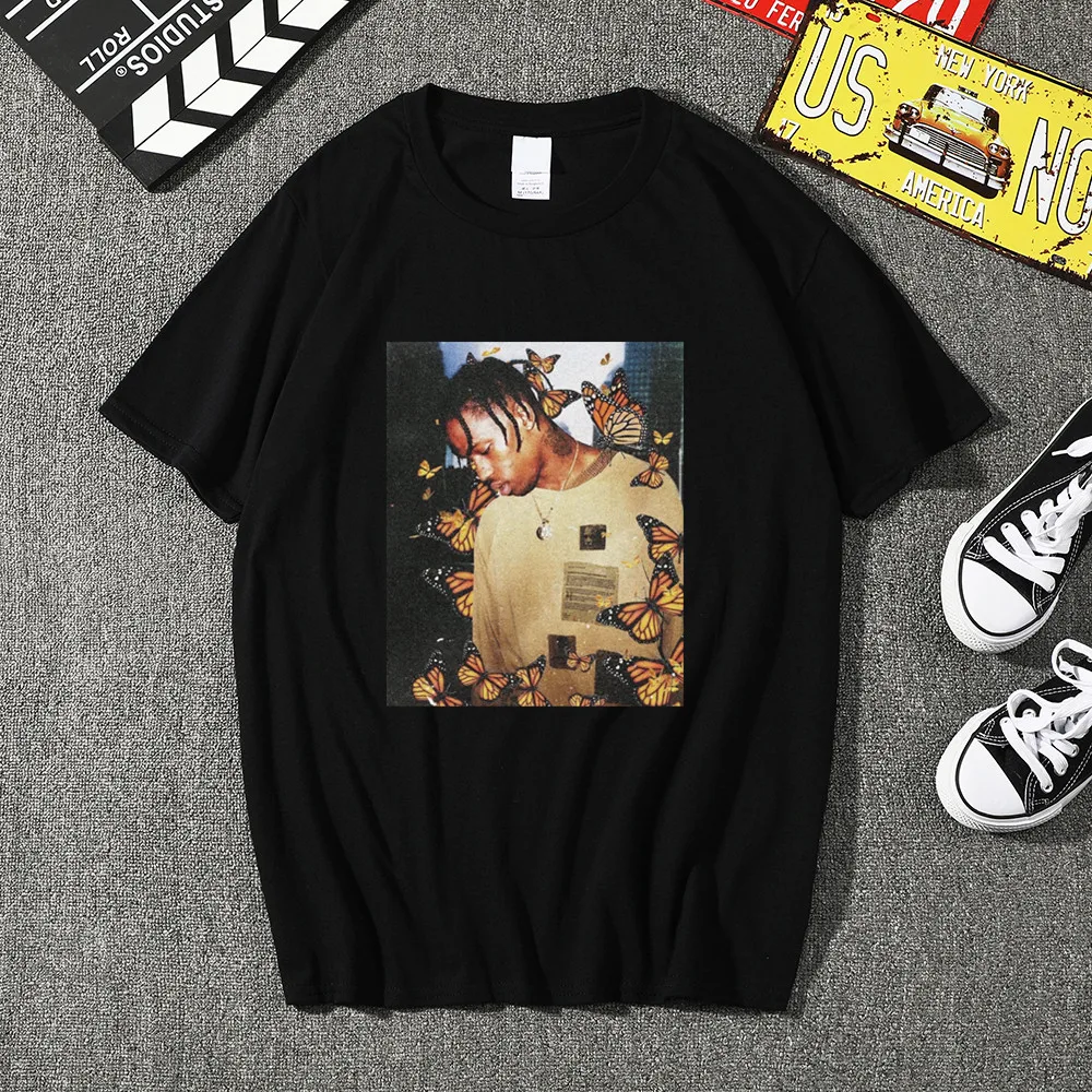 Мужская футболка с эффектом бабочки Travis Scott летняя рэпа и музыки материал для