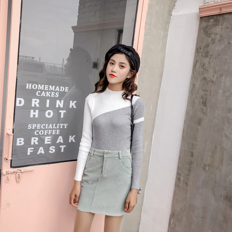 Sweater Women 2019 Autumn Winter Bicolor Stitching Knit Pullover Fashion school student Cute Long Sleeve Sweat | Женская одежда
