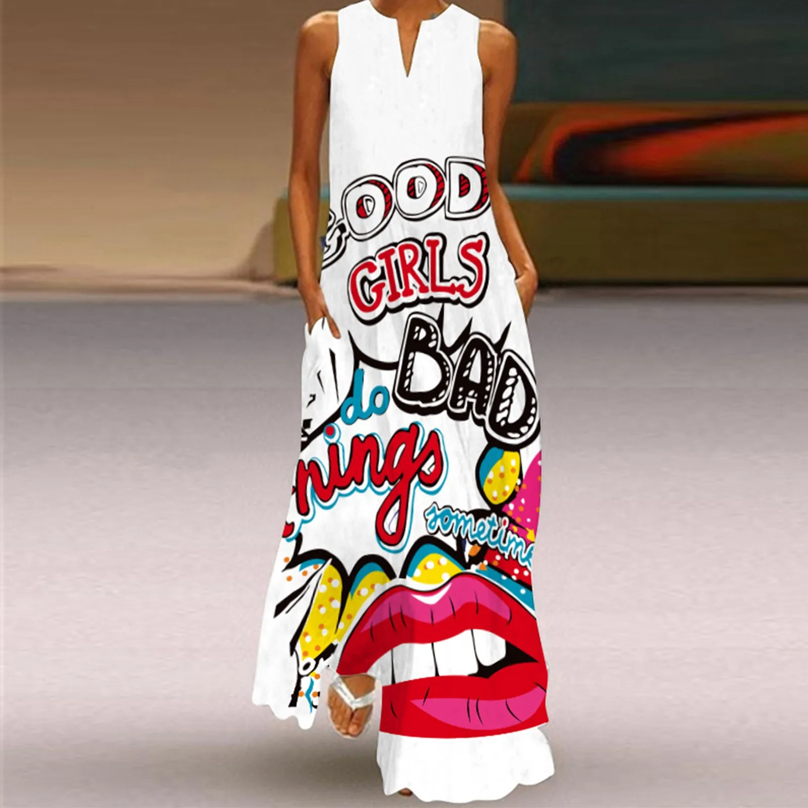 Женская одежда платье без рукавов с принтом и V-образным вырезом летнее вечернее