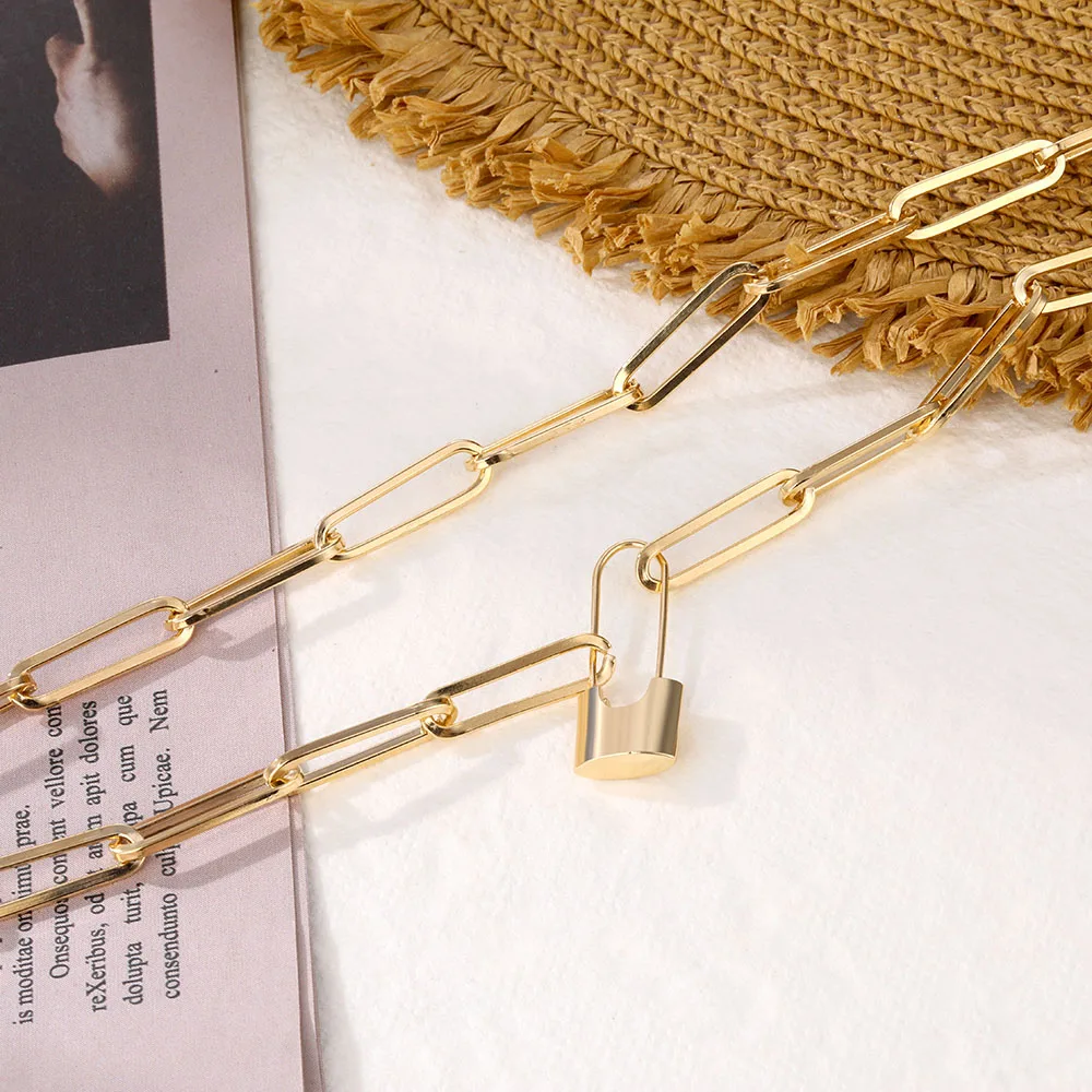 

EN Boho Gothic Trendy Gold Clip Choker Link Chain Necklace for Women Fashion Miami Square Shape Thick Necklaces Jewelry New 2021