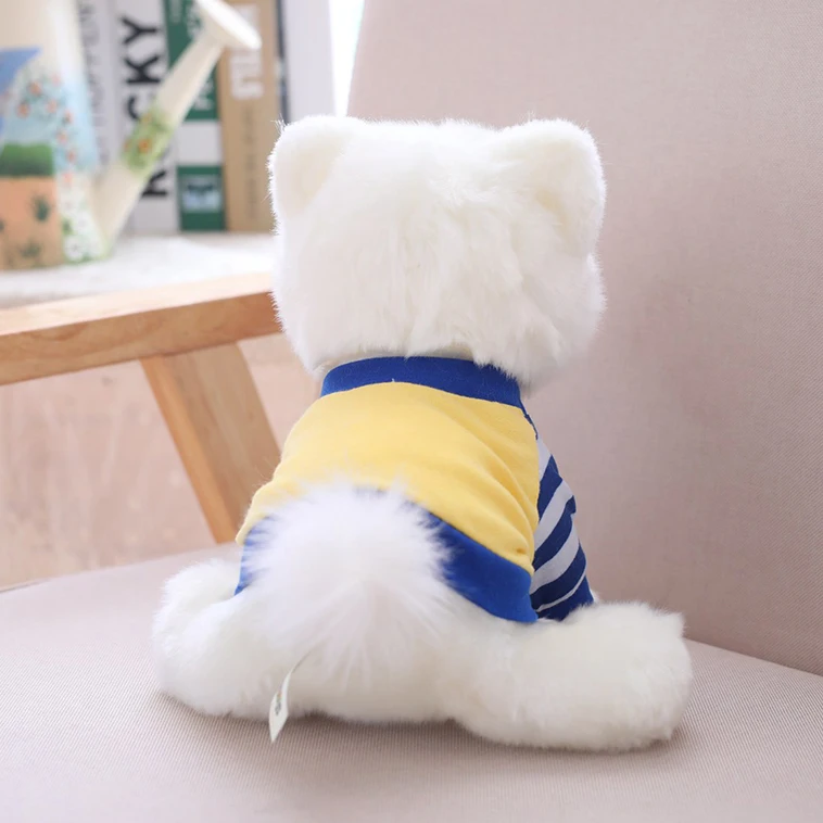 

Adorable Dog Plush Toy Pure White Blue Stripe T-shirt Dressed Pomeranian Doggy Stuffed Animal Pets Toy 25cm Little Kids Gift