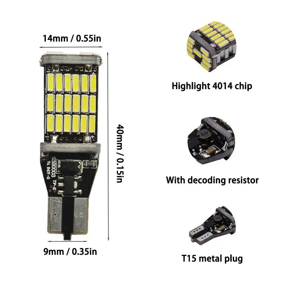 10 шт. T15 светодиодный 6000K белый головной светильник 45 SMD 4014 ошибок W16W заднего хода