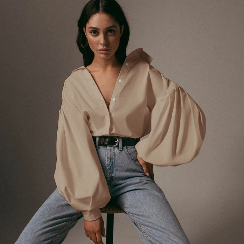 

Lantern Sleeve Elegant Shirt White Black Sexy Button Vintage Blouse Turn Down Collar Office Ladies Shirt Female Casual