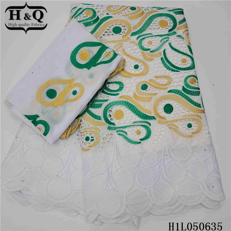 

H&Q 2021 elegant french voile lace fabric with stones comfortable embroidery swiss 100% cotton fabrics 5+2 yards for dress