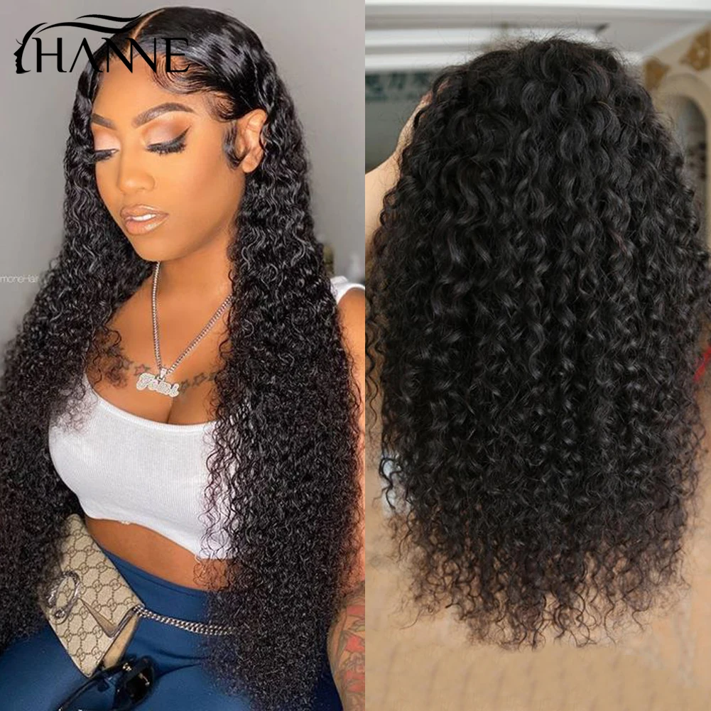 Pelucas de cabello humano rizado con malla frontal, 4x4, cierre de encaje, 3 partes, sin pegamento, Color Natural, para mujeres negras