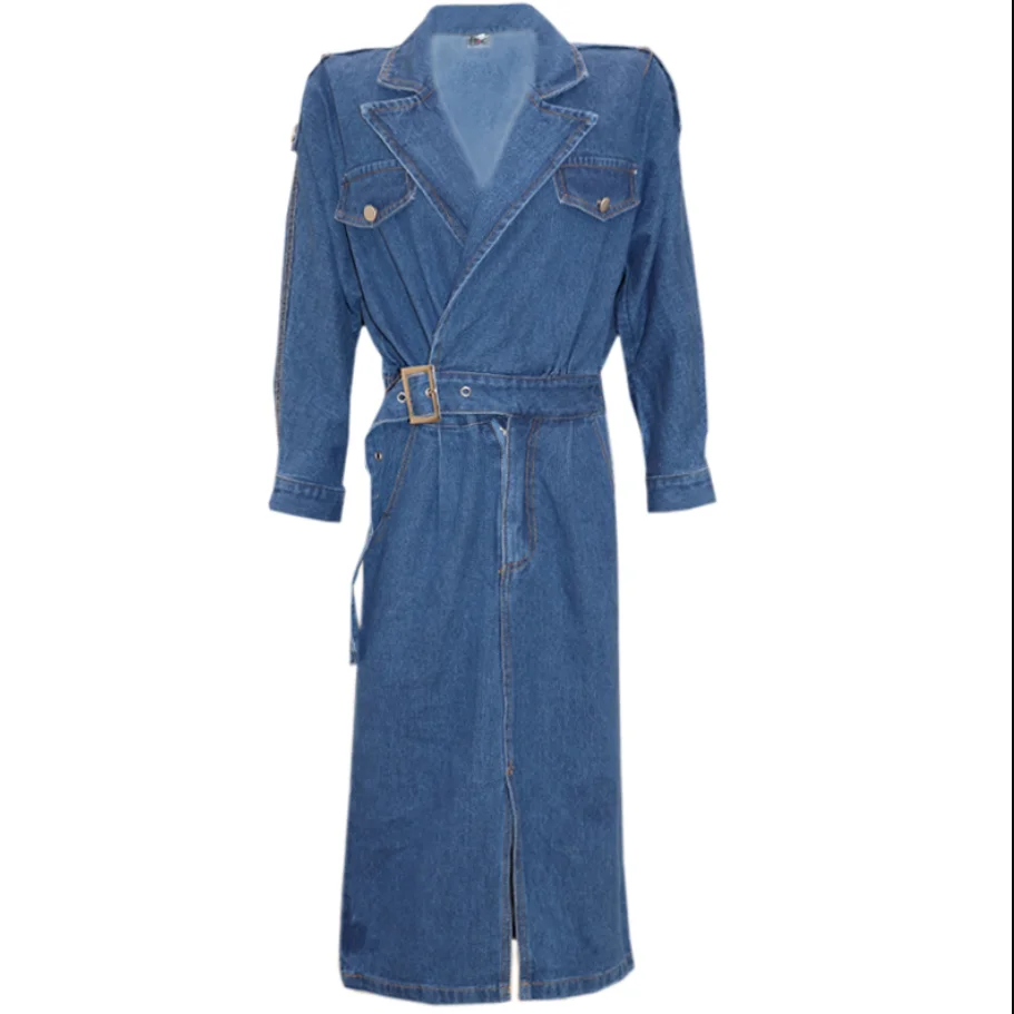 Женское джинсовое платье-трапеция однотонное облегающее платье с поясом и