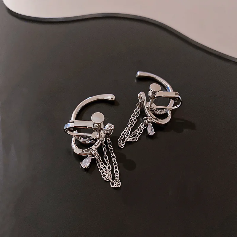 

Minar Minimalist Silver Color Geometric Metal Clip Earrings for Women Ladies Chain Tassel Spark Zircon Earrings Accessories
