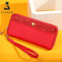 foxer womens wallets glitter cowhide leather clutch zipper wallets with wristle female phone holder purse lady clutch phone bag