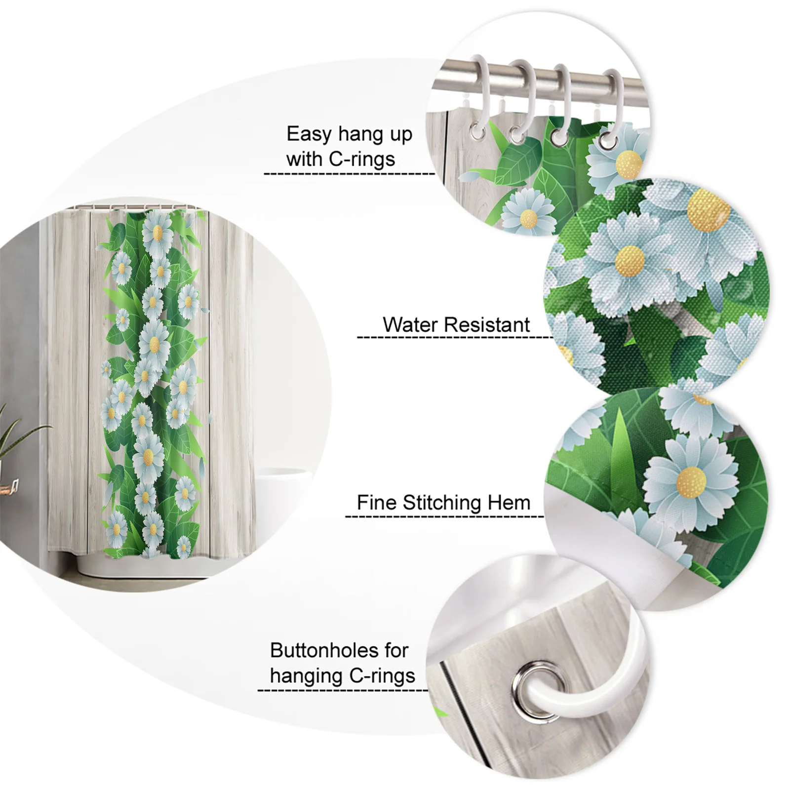 

Daisy Flower Wood Grain Retro Shower Curtain Polyester Fabric Bathroom Home Decor Waterproof Shower Curtains with Hooks