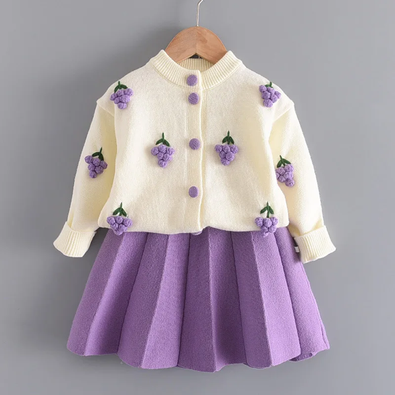

2021 Autumn Winter Children Dress Woolen Kids Knitted Sweet New Two Set Girl Skirt Suit Kid Knitted Sweet Children Clothes Suit