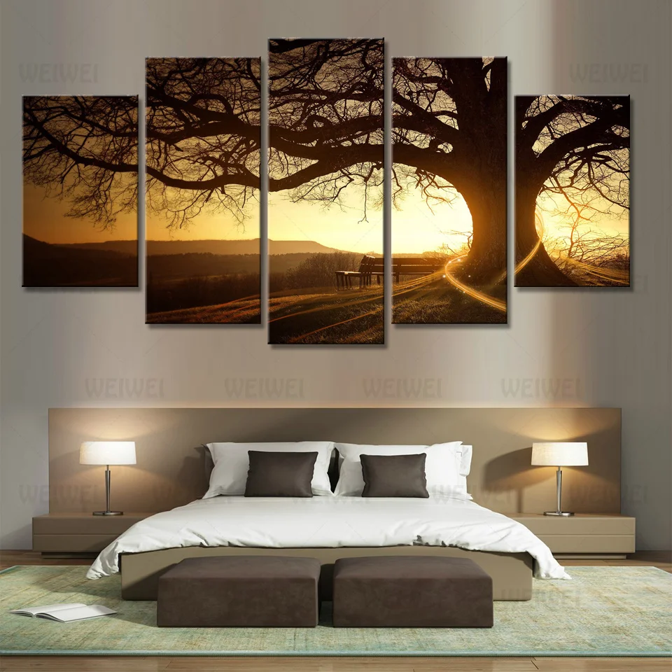 

Still Life Landscape Poster Five Piece Set Sunlight Tree Shadow Canvas Painting Park Bench Wall Picture for Living Room Decor