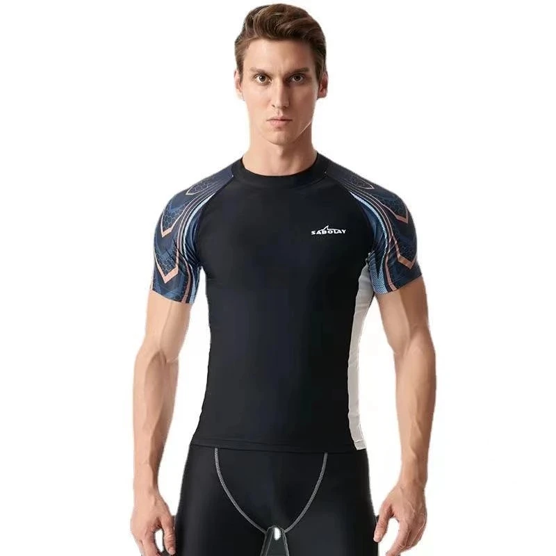 

Rash guard Men UPF 50+ Short Sleeve Swimwear 2021 New Splice UV Sun Protection Basic Skins Surfing Diving For Swimming T Shirt