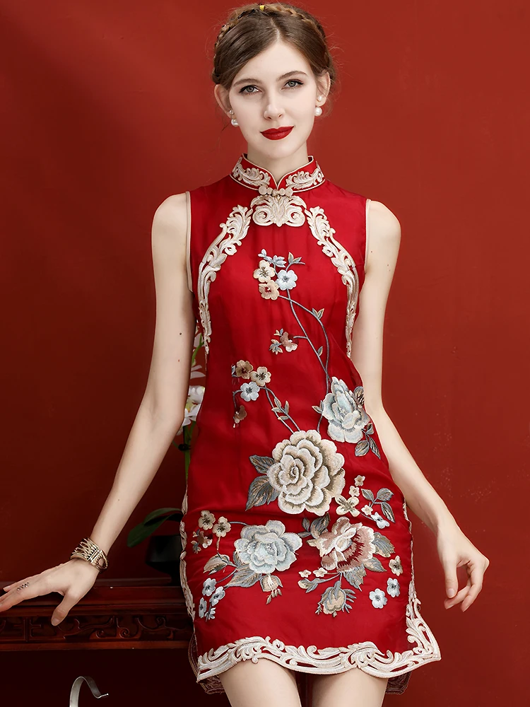 Роскошное вечернее платье qipao из 100% шелка без рукавов с вышивкой | Тематическая