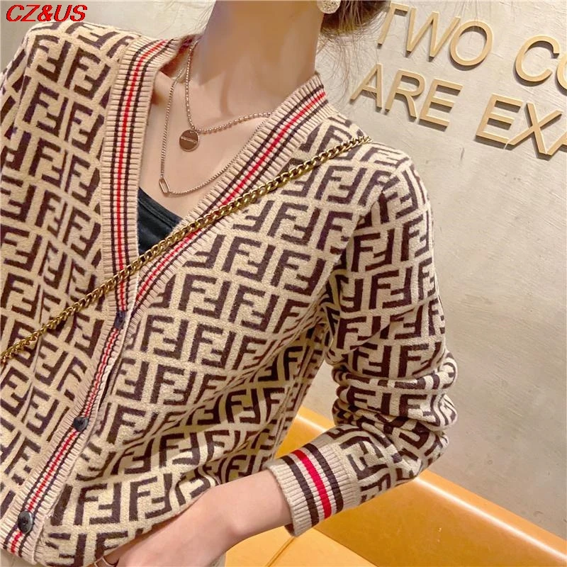 

2021 Autumn V-neck cotton knitted cardigan multicolor women's FF letter printing cardigan