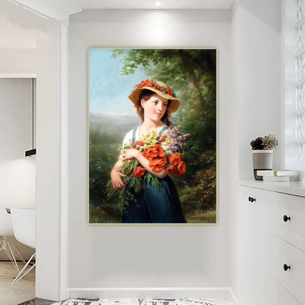 

Fritz Zuber-Buhler "Young girl with a bouquet of wildflowers" Canvas Oil Paintings Aesthetics Decorative Decor Home Decoration