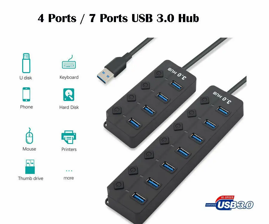 

4/7 Port USB 3.0 Hub (5Gbps) High Speed On/Off Switches Adapter For PC Laptop