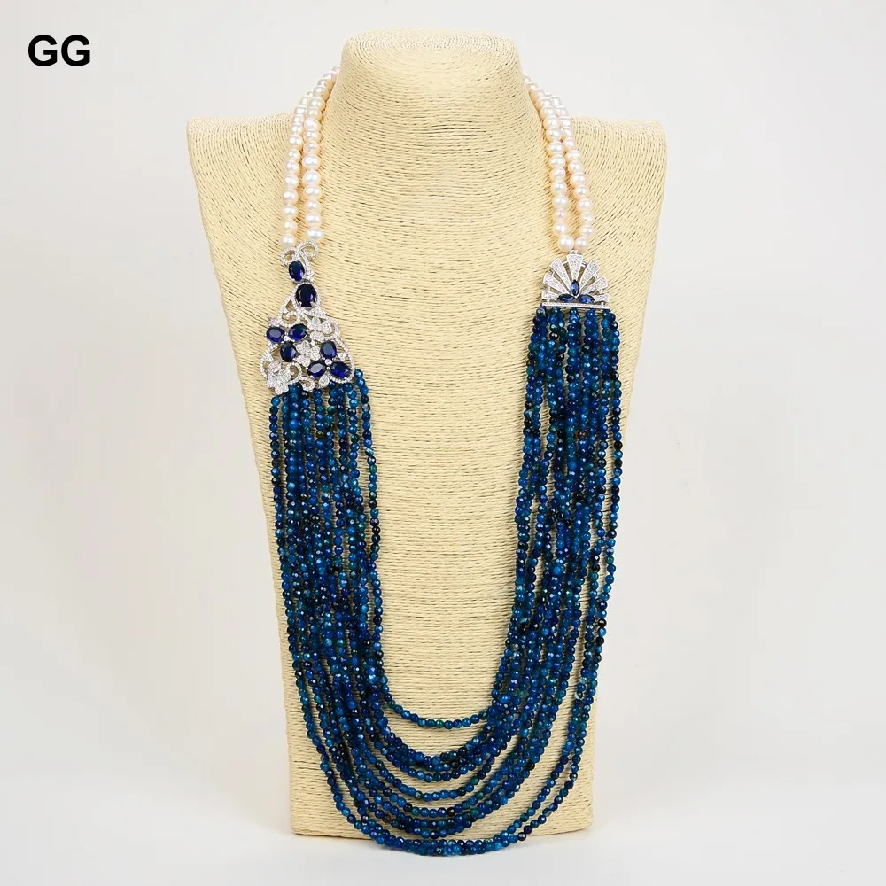 GG ювелирные изделия 31 &quotбелый жемчуг синий агат ожерелье CZ кулон|blue necklace|cz pendantpearl