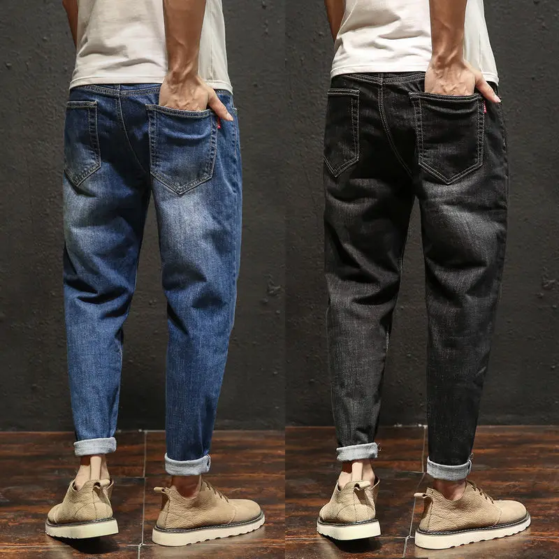 Men's Ankle-Length Pants Jeans Men's Loose Tooling Plus Size Korean Version of The Trend  Casual Blue Black Stretch Harem Pants