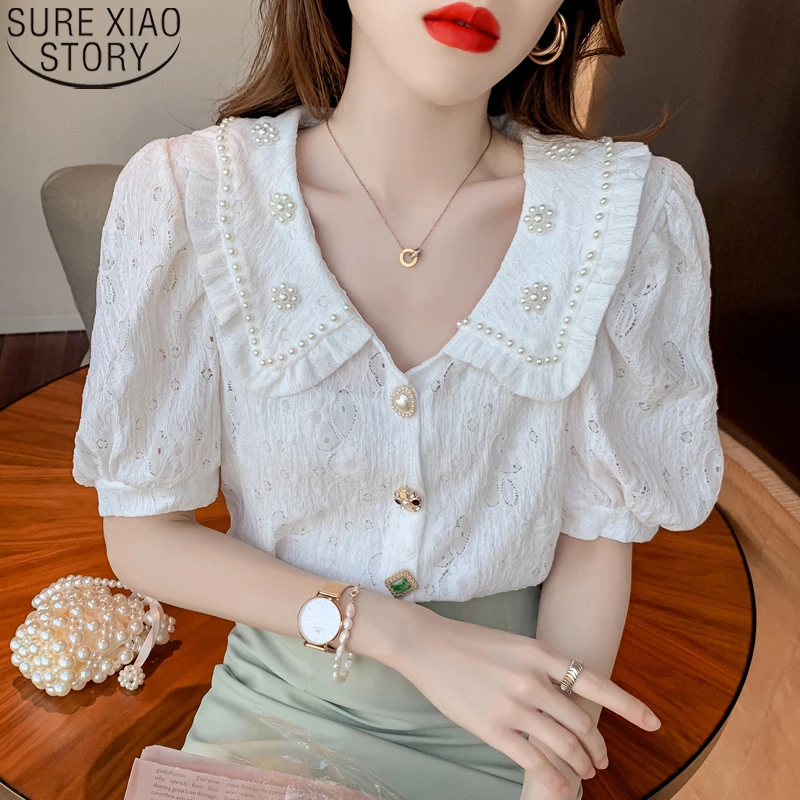 

Sweet Short Puff Sleeve Summer lace Blouses Women Tops Korean Fashion Beading Peter Pan Collar Hollow Shirt Clothes Blusas 15132